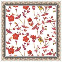 Square print scarf, floral pattern with red and yellow flowers on a white background, enclosed by a decorative border. vector