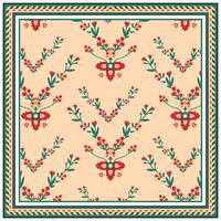 Ornate square print scarf, floral pattern with red and green motifs on a beige background, framed by a geometric border. vector