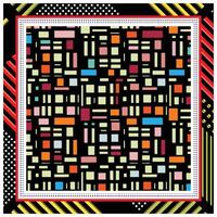Abstract geometric pattern in square print scarf with colorful squares on a black grid, surrounded by a decorative border. vector