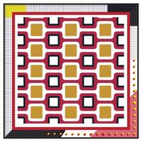 A geometric square scarf print pattern featuring a series of red, white, and gold square shapes with dotted borders. vector
