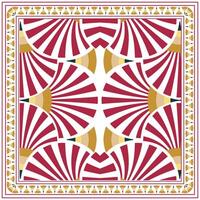 Abstract square print saree, geometric pattern with red, white, and gold tone, and a decorative border. vector