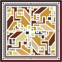 Abstract square scarf print, geometric pattern with earth tones and maze-like design, framed by a triangle border. vector