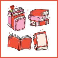 Retro Valentine Bookish Groovy Hand Drawn Book Stack Whimsical Hand Drawn set vector