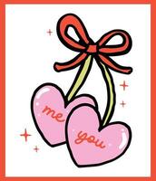 Retro Two Heart Cherries with bow You and Me Outline Bold Line Hand Drawn in Vibrant Red and Pinj vector