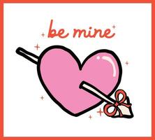 Retro Pink Heart with Arrow and bow Be mine Outline Bold Line Hand Drawn in Vibrant vector