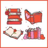 Retro Valentine Bookish Groovy Bold Vibrant Book Whimsical Hand Drawn set vector