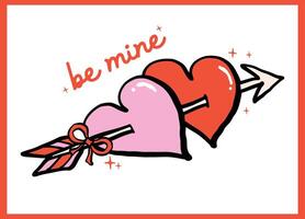 Retro Two Hearts with Arrow and bow Be mine Outline Bold Line Hand Drawn in Vibrant vector