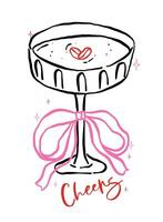 Whimsical Espresso Martini Glasse with Bow and cherries Heart Outline Hand Drawn Groovy Retro Playful vector