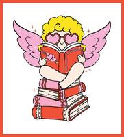 Whimsical Retro Valentine Bookish Cupid Rerading on Books stack Bold Lined Hand Drawn vector