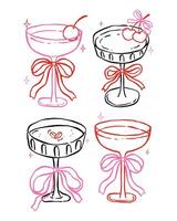 Set of Whimsical Martini Glasses with Bow and cherries Heart Outline Playful Hand Drawn Groovy Retro vector