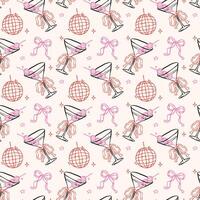 Whimsical Seamless Pattern Disco Ball and Martini Glass with Bow Hand Drawn Retro Isolated on Background vector