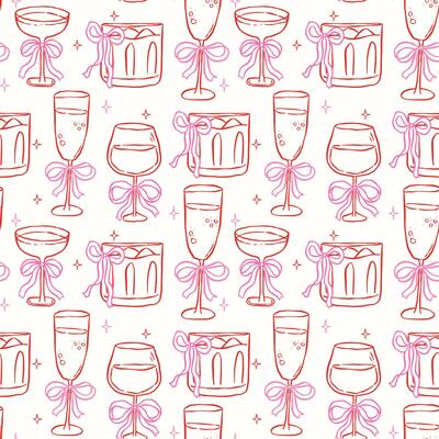 Whimsical Seamless Pattern Cocktail drink Glasses with Bow Hand Drawn Retro Isolated on Background