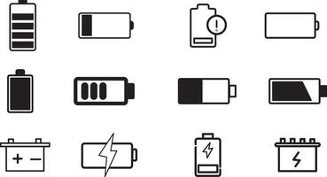 Battery icons set, Battery symbols with fast charging, exclamation, low, plus, minus, tick and full charge signs vector
