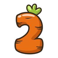 Funny Carrot Number 2, figure Two. Cartoon of number with a vegetable concept. Calligraphy, lettering, typography for your Education cards or game vector