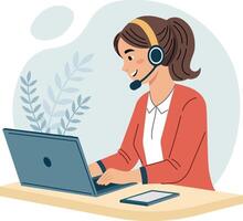 female customer service representative working at a desk. She is typing on a laptop. vector