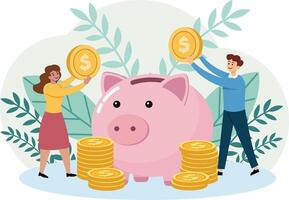Illustration of a financial savings concept featuring a large pink piggy bank at the center surrounded by stacks of gold coins. vector