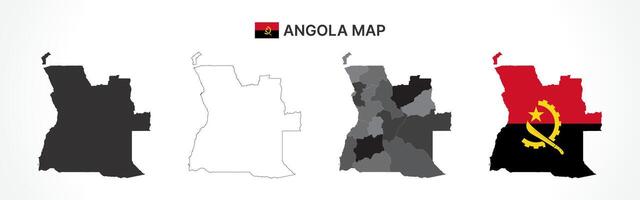 Detailed Angola Map Collection with Outline, Silhouette, Administrative Divisions, and Flag Overlay Variations vector