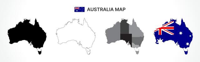 Detailed Australia Map Collection with Outline, Silhouette, States and Territories, and Flag Overlay Variations vector