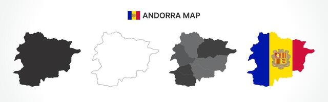 Detailed Andorra Map Collection with Outline, Silhouette, Administrative Divisions, and Flag Overlay Variations vector