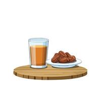 Simple Illustration A glass of tea a plate of dates on a wooden table vector