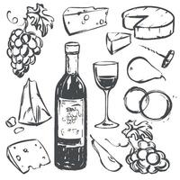 set with wine, wine glass and snack. Grapes, cheese and fruits in quick linear ink sketch style. Clip art for restaurant menu, wine list or invitation to tasting. vector