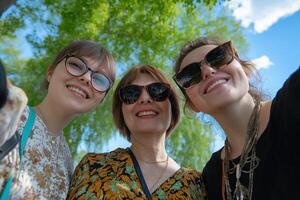 Smiling women in sunglasses taking a group selfie photo