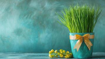 Green grass in a turquoise pot adorned with a golden ribbon bow, placed beside small yellow flowers on a textured background, symbolizing spring and renewal. Spring holiday banner with copy space photo