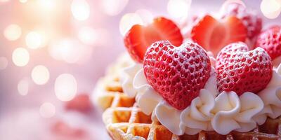 Waffle topped with heart shaped strawberries photo