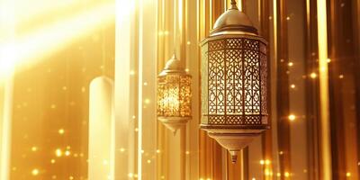 Golden Islamic lanterns with intricate patterns, glowing warmly amidst a radiant golden background with sparkling light accents. Spring religious banner with copy space photo