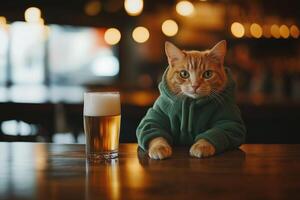 Ginger cat wearing a green hoodie photo