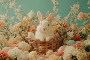 White bunny sitting in a wicker basket photo