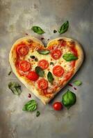 Heart shaped pizza topped with cherry tomatoes photo