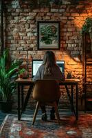 Modern home studio with a brick wall background photo