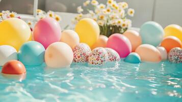 A festive poolside scene with colorful balloons photo