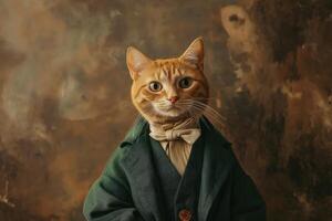 Ginger cat dressed in an elegant green coat photo
