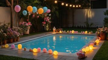 Beautifully decorated poolside with colorful balloons, string lights, and potted flowers creating a festive and serene evening ambiance. Spring holiday pool party photo