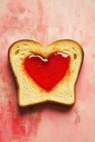 Slice of toast with a heart shaped spread of vibrant red jam, placed on a textured pink background, symbolizing love and comfort food. photo