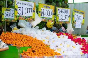 Groceries Fruit market sell various fruit. Fresh Longan, orange, pear and apple shown on rack ready to sell photo