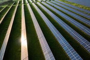 From above shot of sunlight reflecting on solar panels at field photo
