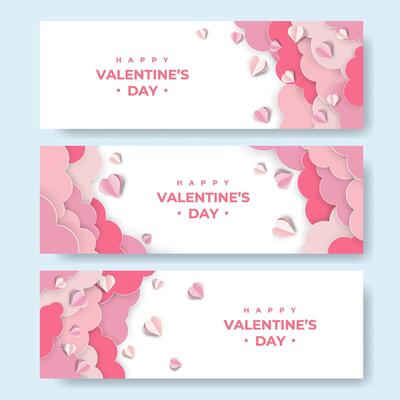 Happy Valentine's Day Paper Cut Horizontal Banner. 3D Paper Hearts, Clouds with Frame. Modern Cute Love Banner, Voucher, Brochure, Greeting card or Sale Template. Illustration. Place for text.