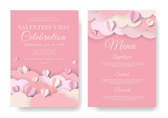 Valentine's Day Paper Cut Invitation and Menu Card. 3d Paper Hearts, Clouds with Frame. Modern Cute Love Banner, Voucher, Brochure, Greeting card or Sale Template. Illustration. Place for text