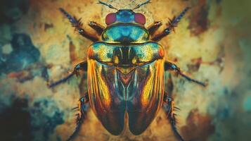 A close up of a beetle with a red and yellow color photo