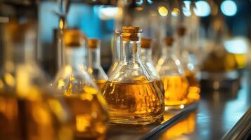 Many bottles of oil are lined up on a table photo