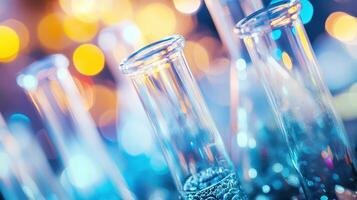 A close up of several test tubes with water in them photo
