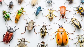 A group of different insects on a white surface photo