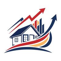 a house with an arrow going up and a graph going down vector