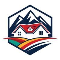 a logo of a house with mountains in the background vector