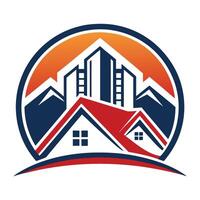 a logo of a house with a red roof and mountains in the background vector