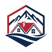 a house with mountains in the background, logo for property business vector