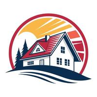 a house with a red roof and pine trees in the background vector